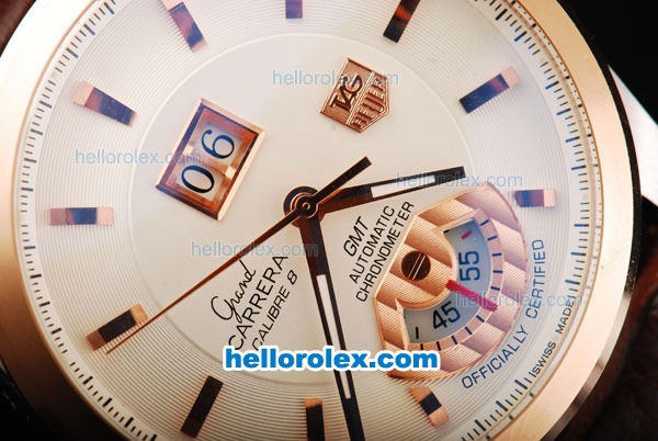 Tag Heuer Carrera Calibre 8 Chronometer Automatic Movement Gold Bezel with White Dial and Rose Gold Stick Markers-Brown Leather Strap - Click Image to Close